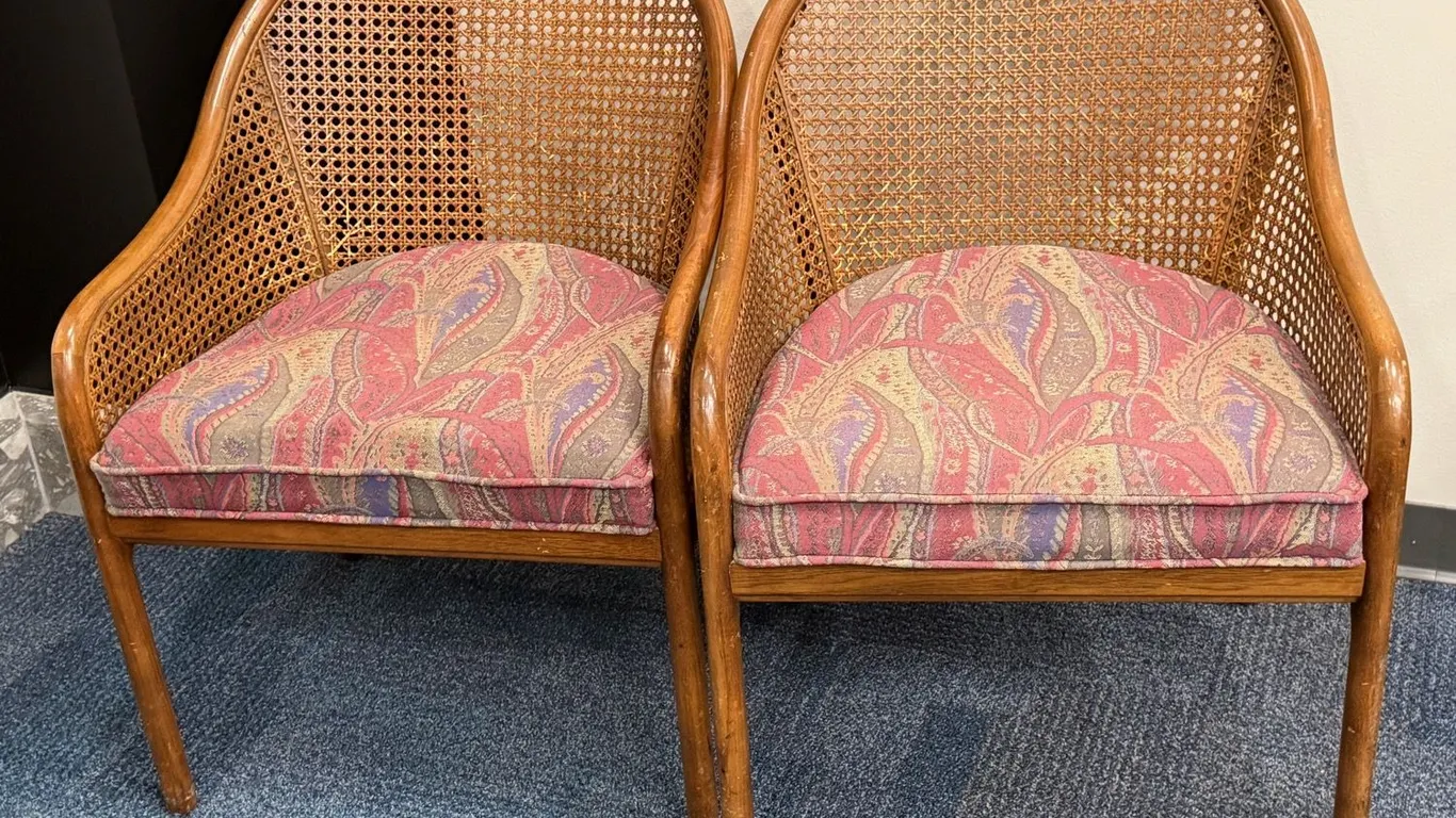 Pair of Hollywood Regency Pressed Cane Armchairs