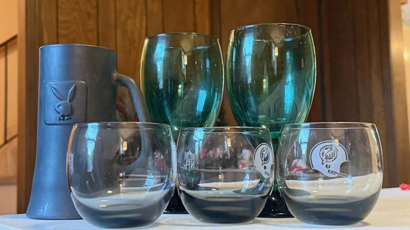 NFL Glasses, Playboy Mug & Green Glass Goblets