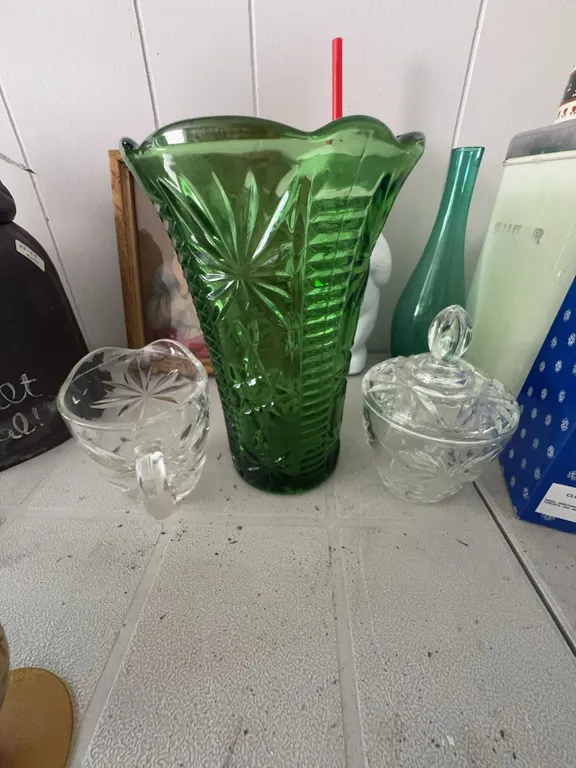 Green Pressed Glass Starburst Vase with Clear Glass Sugar Bowl and Creamer