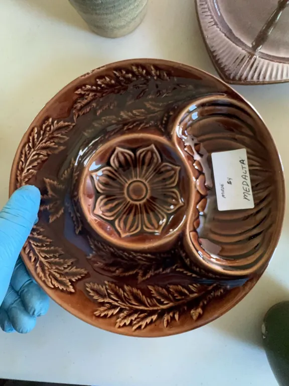Medalta Brown Glazed Ceramic Divided Plate with Leaf and Flower Design