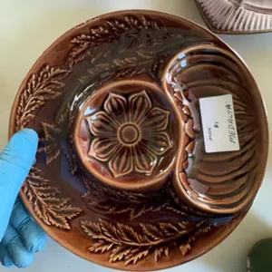 Medalta Brown Glazed Ceramic Divided Plate with Leaf and Flower Design