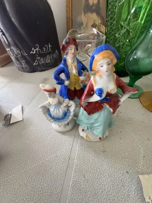 Occupied Japan Porcelain Figurines and Pair of Swirl Glass Vases
