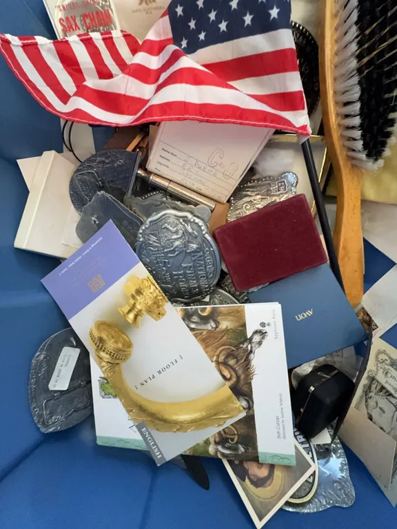 Collectibles Lot: Belt Buckles, Book, Flag, and Mixed Ephemera