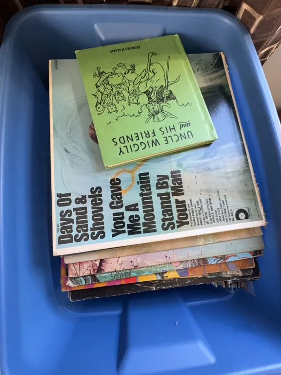 Large Bin of Assorted Vinyl Records and Uncle Wiggily Book