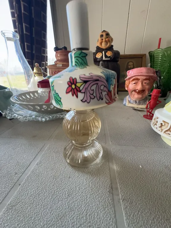 Glass Oil Lamp with Painted Floral Ceramic Collar and White Chimney