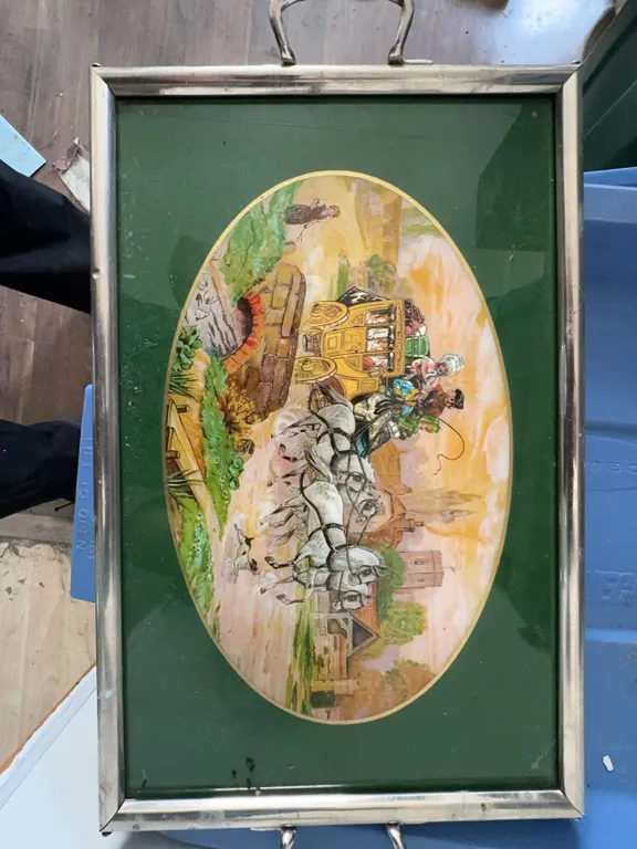 Hand-Painted Serving Tray with Coaching Scene Under Glass