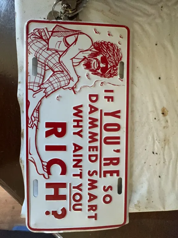 Novelty License Plate With Humorous Quote and Cartoon Figure
