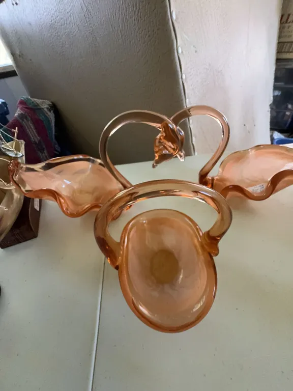 Three Pink Art Glass Swan-Shaped Dishes