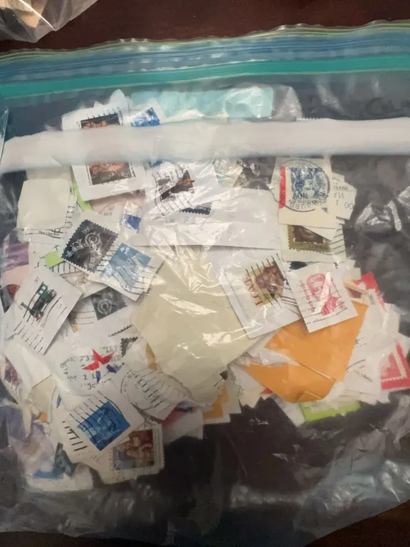 Bag of Assorted Used US Postage Stamps Off Paper, Various Issues and Denominations