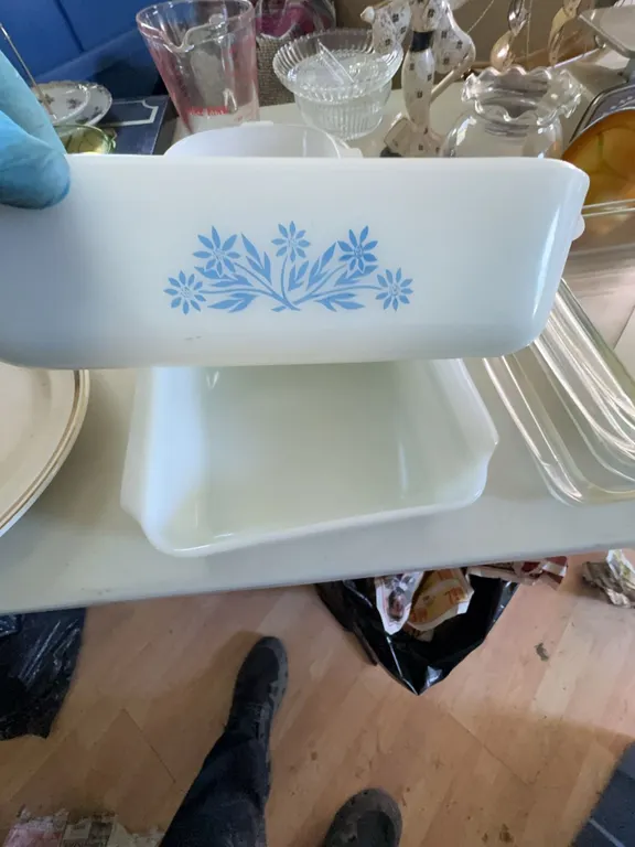 Fire King Blue Floral Pattern Milk Glass Baking Dish Set