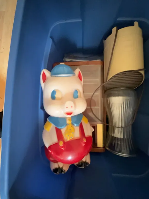 Plastic Pig Bank with Blue Hat and Red Overalls