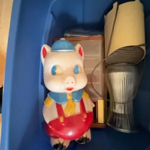 Plastic Pig Bank with Blue Hat and Red Overalls