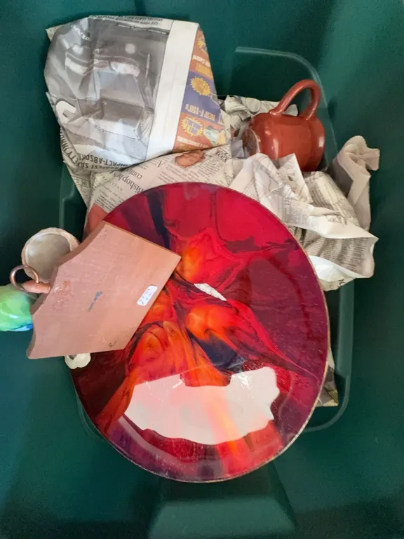 Sunburst Canada Pottery, Red Glass Plate, Mug, and Stubby Bottle