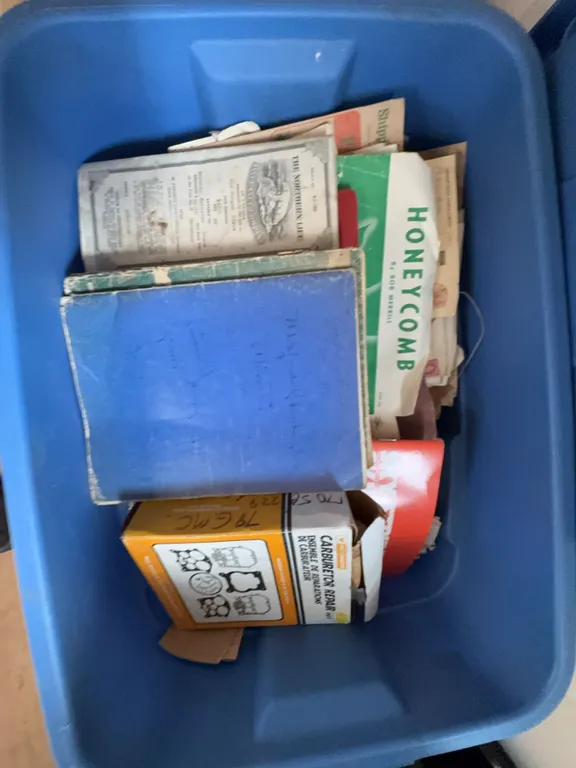 Vintage Ephemera and Documents in Blue Storage Bin