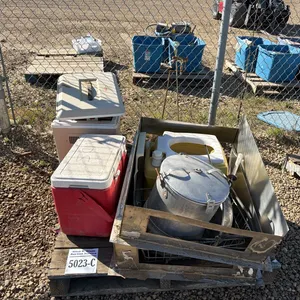 2 - STAINLESS STEEL FRAMES, COOLER FULL OF NAILS, FIREPLACE TOOLS, AXE HEAD, DECORATIVE TINS, COOLER