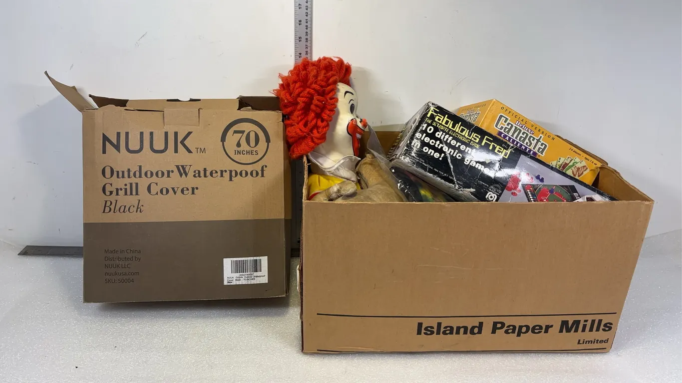 Box of Various Toys, Deluxe Canasta, Fabulous Fred, and Nuuk Outdoor Waterproof Grill Cover, Approx. 15 Items *Unreserved*