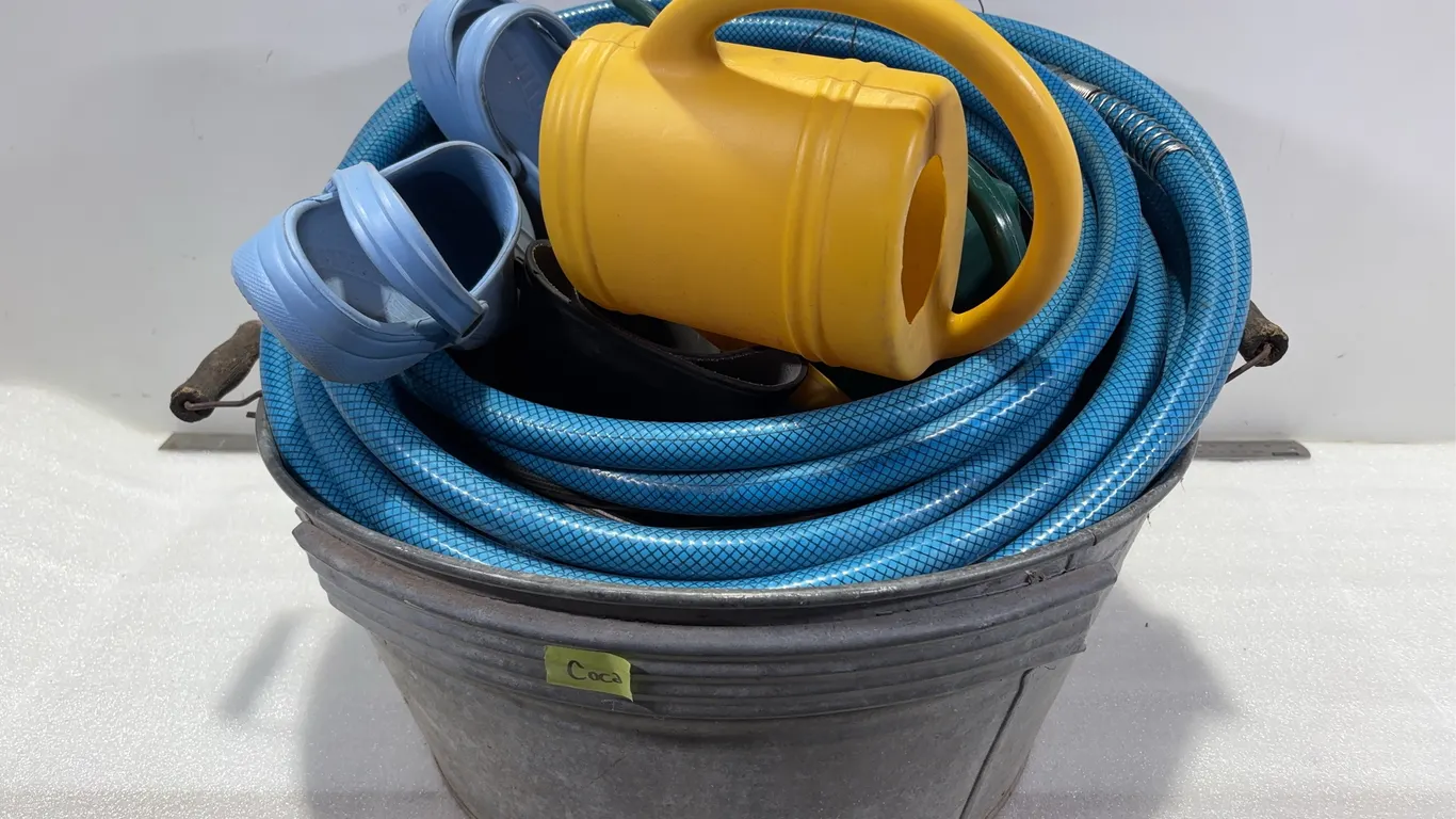 Metal Basin w/ Watering Cans, Hoses, Rubber Boots, and Crocs, Approx. 8 Items *Unreserved*