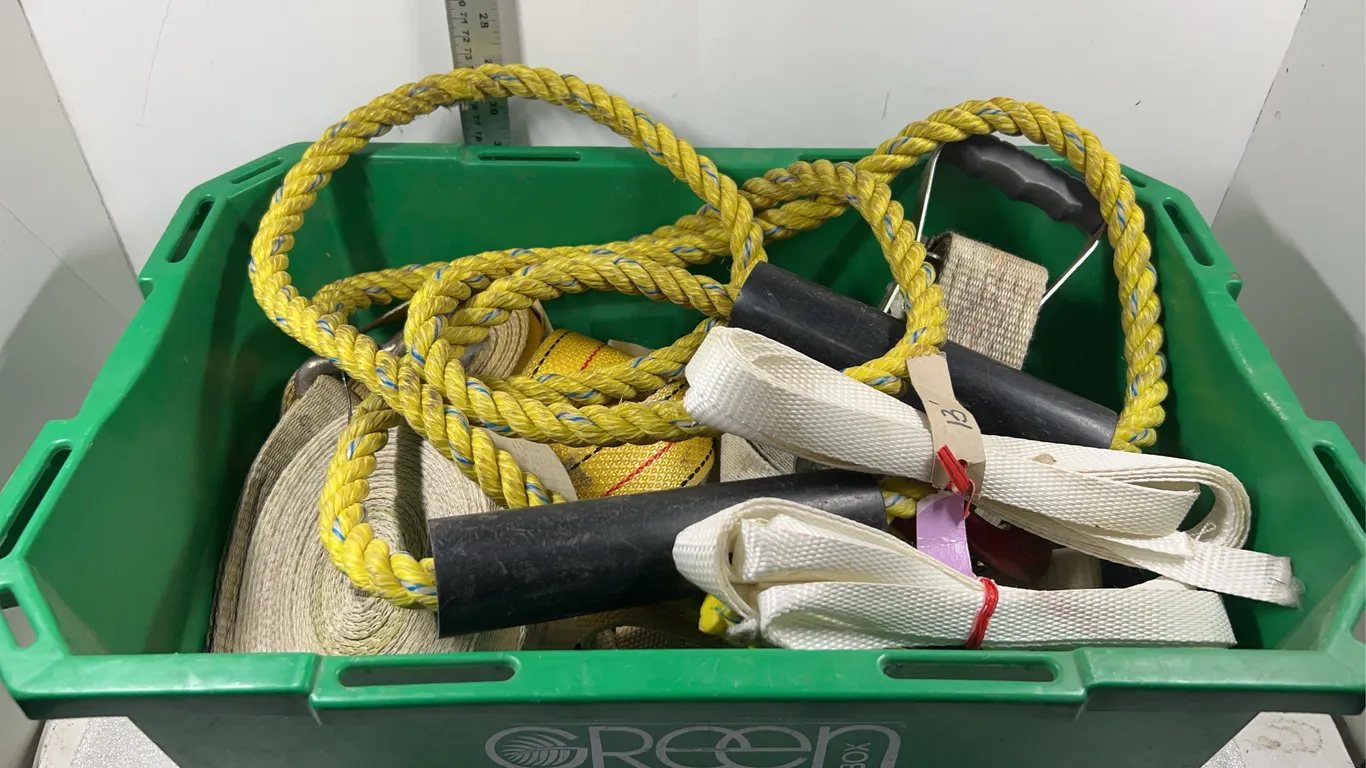 Bin of Tow Straps, Tow Ropes, and Ratchet Straps, Approx. 11 Items *Unreserved*