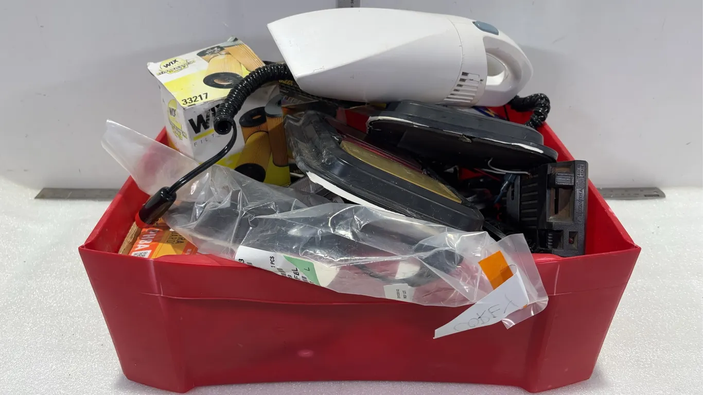 Assorted Oil Filters, Fuel Filters, Tie Rod End, Trailer Tail Lights, Engine Belts, Portable Car Vacuum *Unreserved*