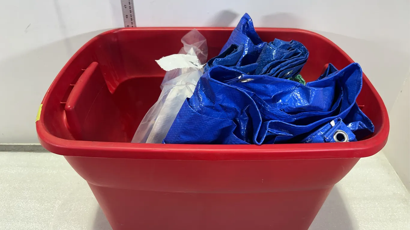 Storage Bin w/ Tarp Covers, Approx. 6 Tarps *Unreserved*