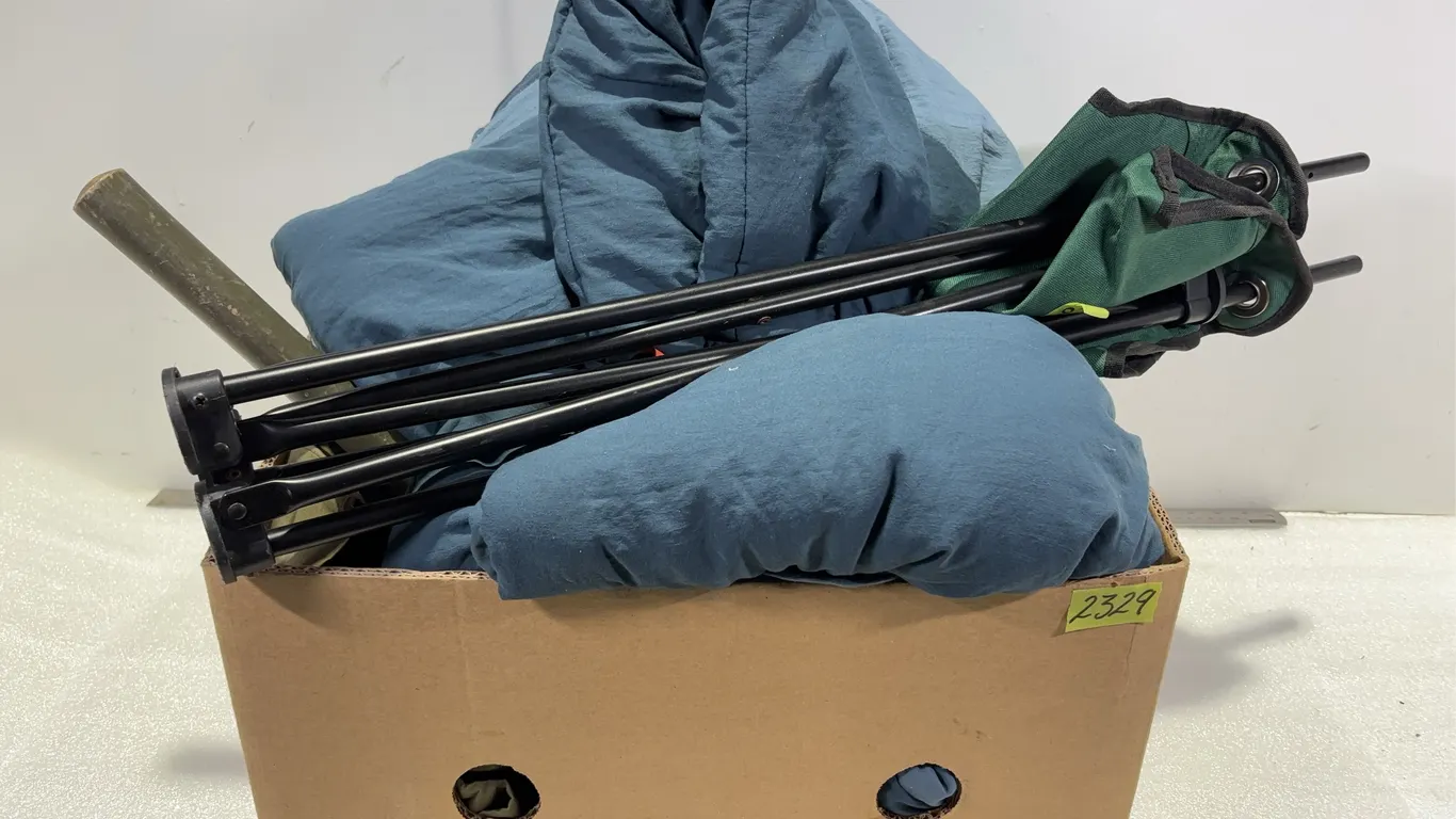 Box w/ Camping Stool, Hiking Jacket, Collapsible Shovel, Ice Paws Boot Grip, and Two Blankets, Approx. 6 Items *Unreserved*
