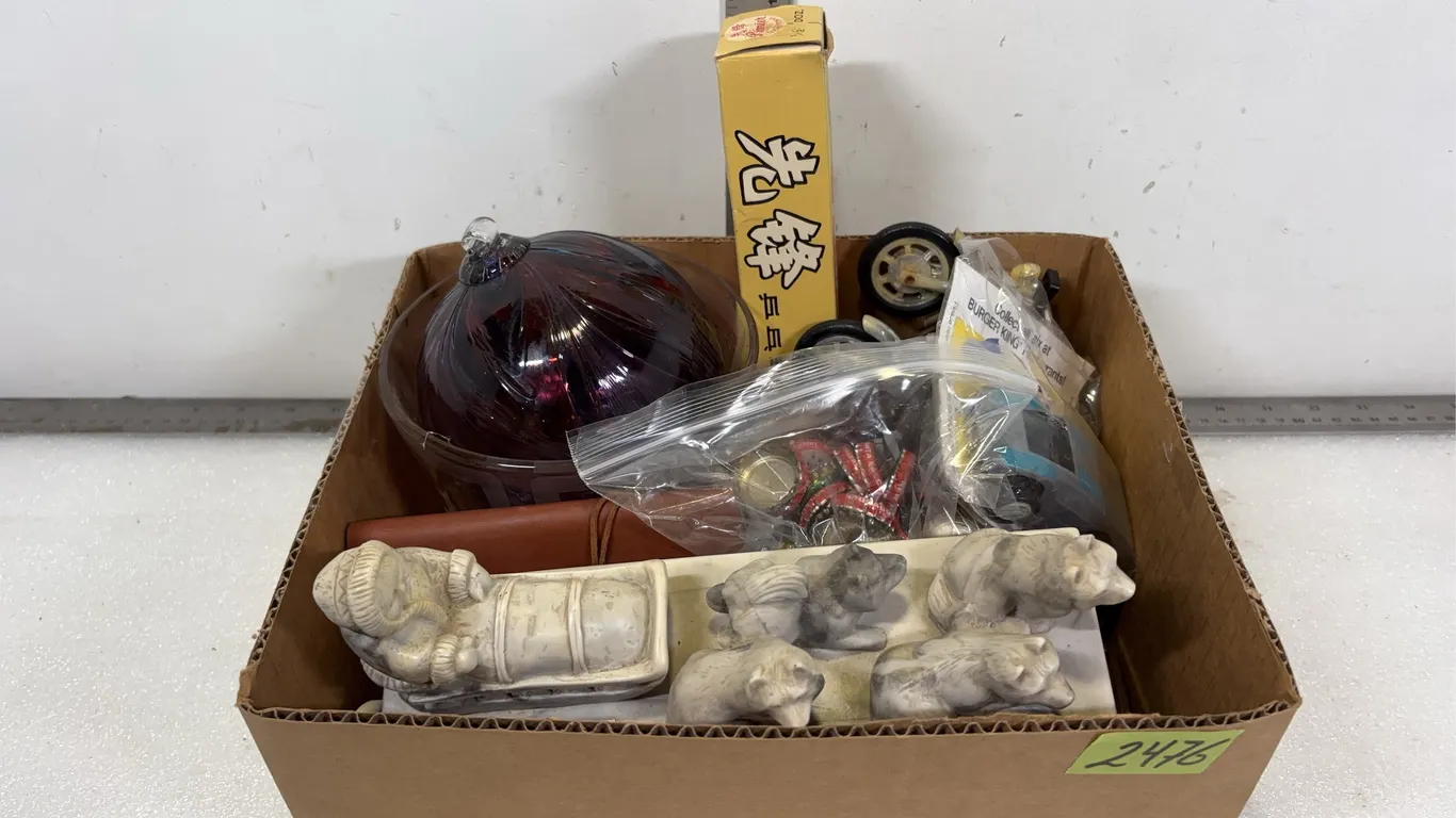 Vintage Mini Motorcyle Models, Approx. 3 pce, Glass Vase, Glass Orb Ornament, Sled Dog Mantle Piece, darts, Approx. 4 pce, *Unreserved*
