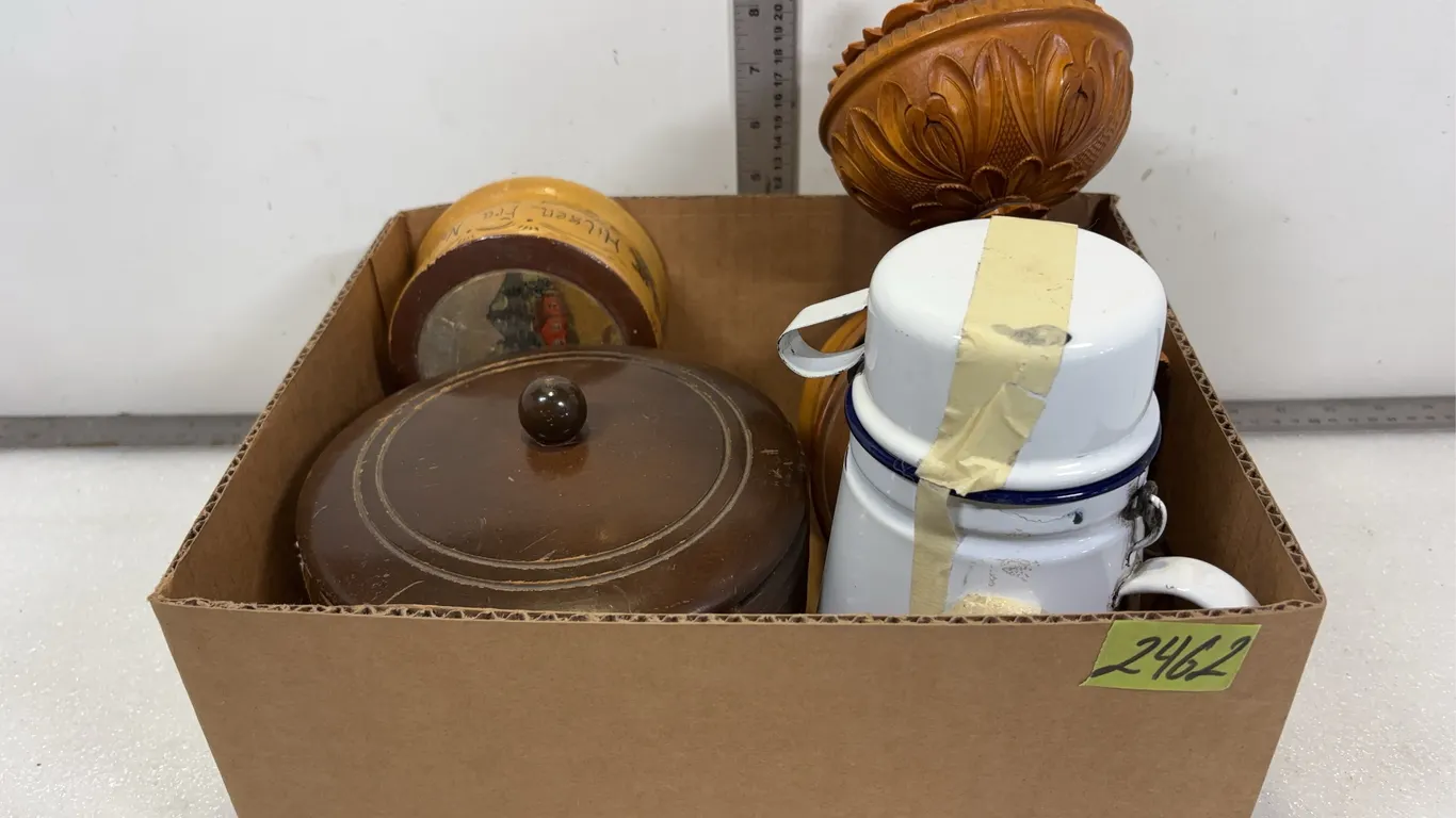 Vintage Camping Canteen Approx. 8"x5", Vintage Wood Bowl with Lid Approx. 6" Diameter, *Unreserved*