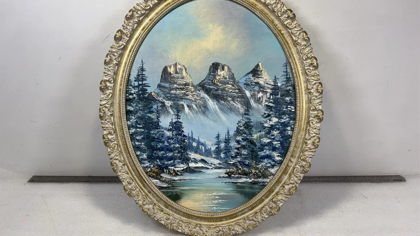 Mountain Landscape Painting of three Sisters in Wood Frame by Canadian Artist Woneta Dee Zubis with COA from Zubiss House of Art, Approx. 19"x23&#