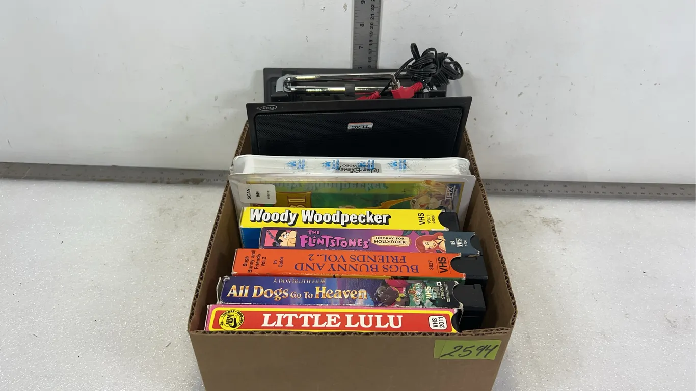 Teac Brand Flat Panel Speakers Approx. 2pce 9"x7"x2" and Assorted VHS Casettes Approx. 6 pce *Unreserved*