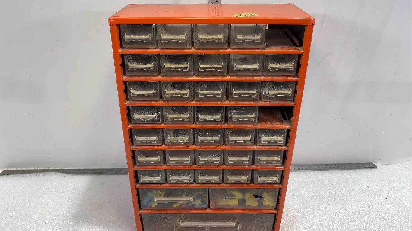 Parts Storage Cabinet/Organizer with Assorted Sizes of Screws, Nuts, Washers, and Wire Caps, Approx. 19"x12"x6" *Unreserved*