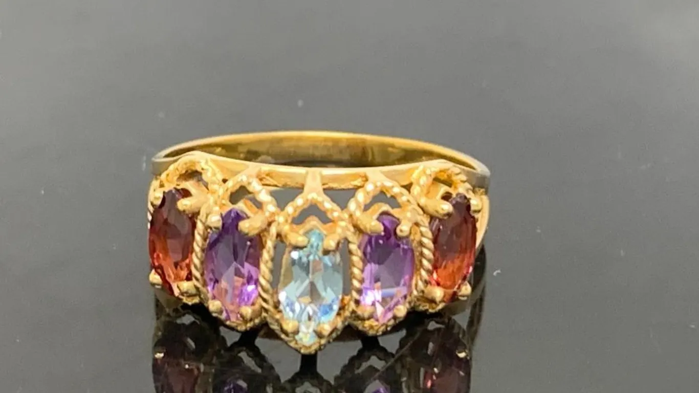 10K Yellow Gold Colorful Stones Cocktail Ring