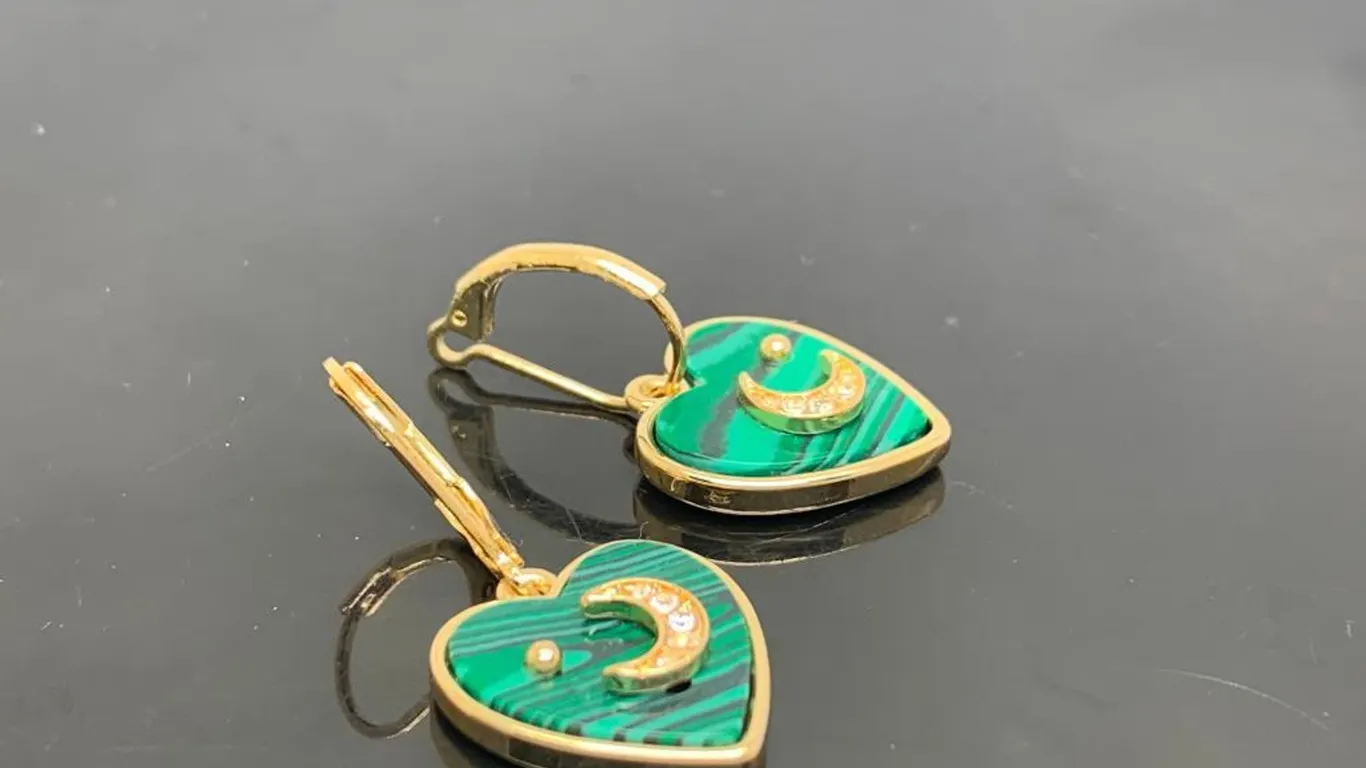 Gold Tone Green Heart Shape Dangle Half a Moon Earrings