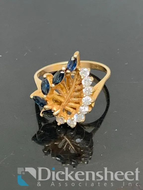 10K Yellow Gold Leaf Ring With Gemstones