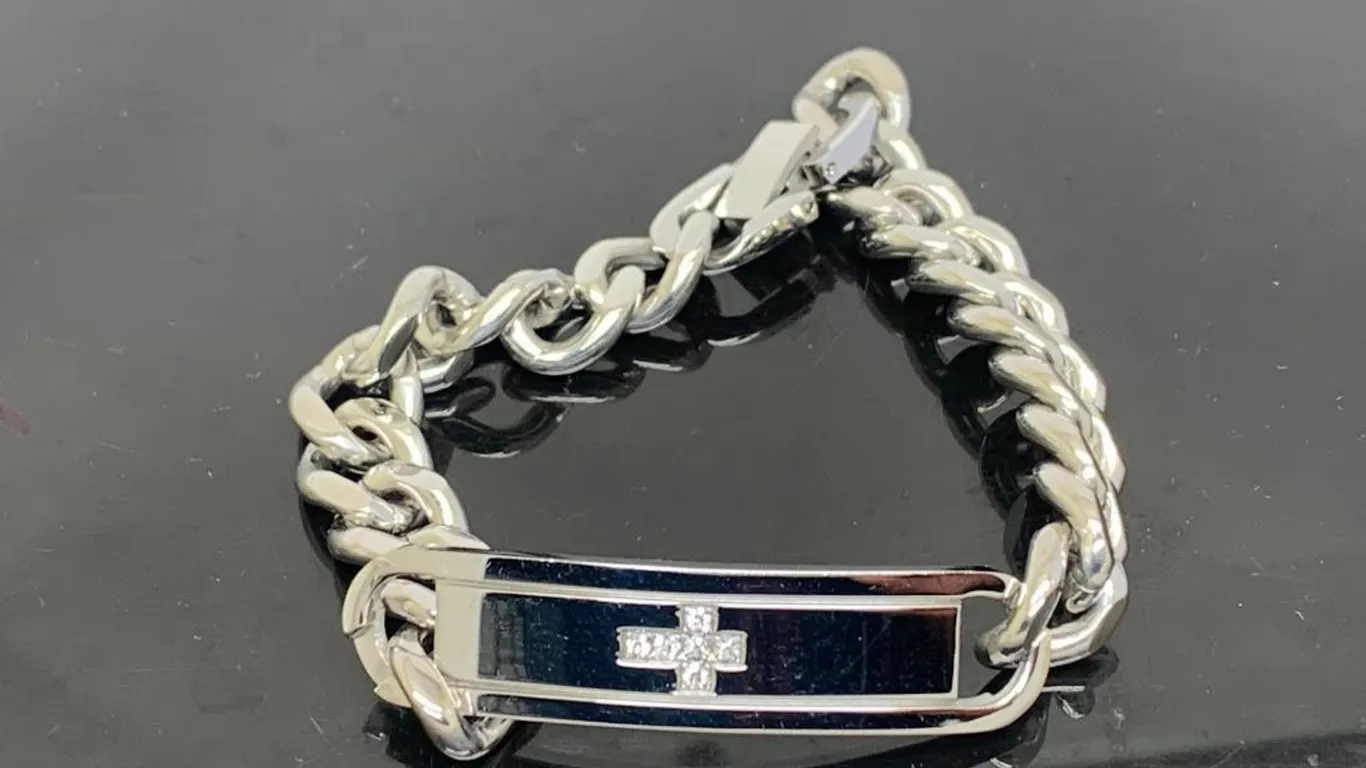 Silver Tone Tag Cross Men's Bracelet