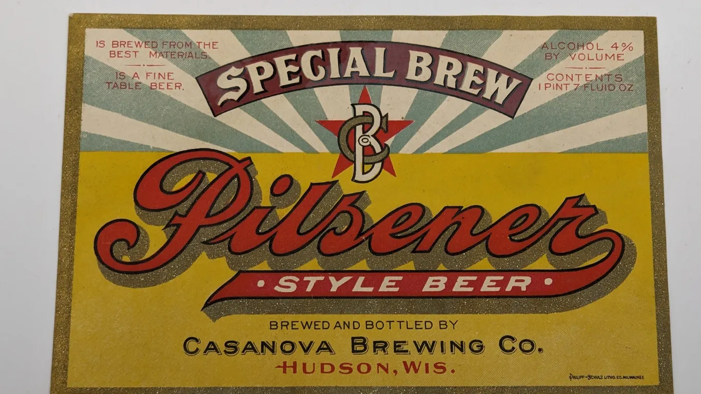 PRE PROHIBITON 1 PINT 7 OZ BOTTLE LABEL SPECIAL BREW PILSENER STYLE BEER CASANOVA BREWING HUDSON WISCONSIN