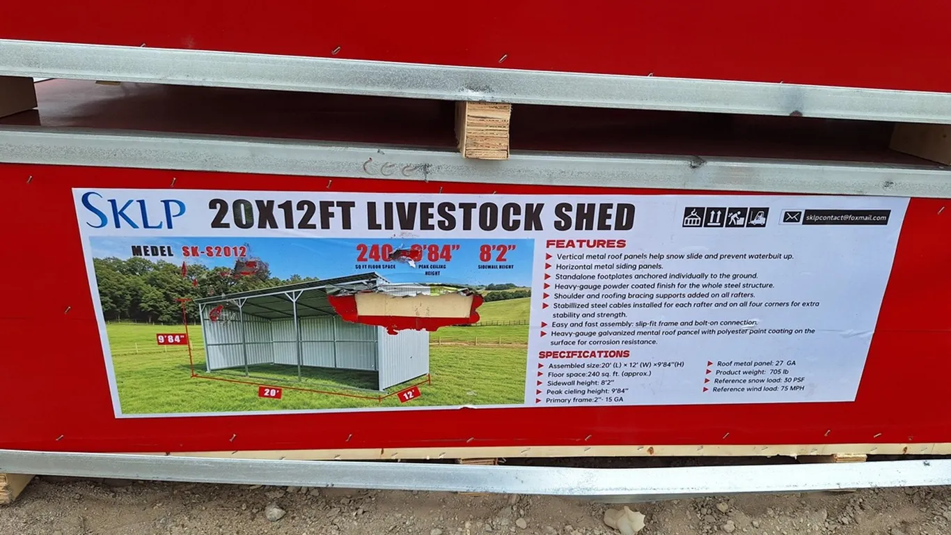 2026 SKLP 20'x12'x10' Livestock Shed, Model SK-S2012, Unused, Overall Assembled Size: L20'X W12'X H10'