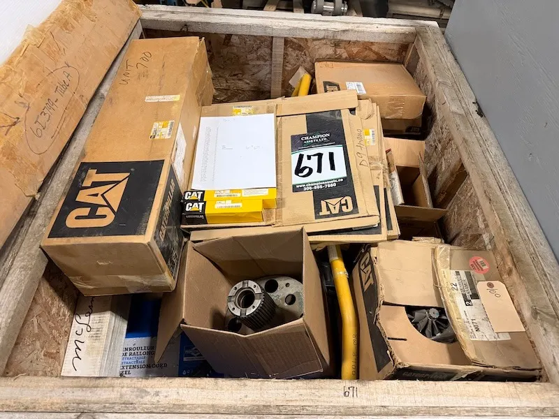 Asst Cat parts in large wood box