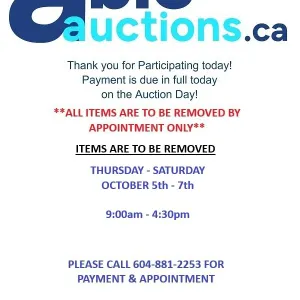 All items must be removed Thursday - Saturday October 5th - 7th by appointment only.