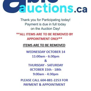 All items to be removed Wed Oct 14 11am - 6:30pm & Thurs - Sat  Oct 15-18  9AM - 4:30 pm by appt.