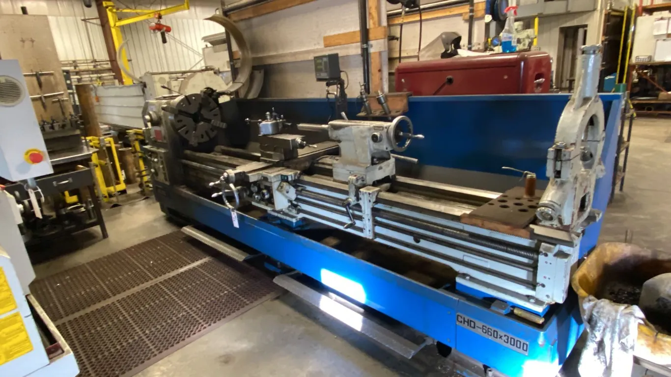 ADVANCE THD-660X3000 LATHE. 4" HOLLOW CHUCK X UP TO 24". OVERALL LENGTH 14'6" X 46" X 64"H.