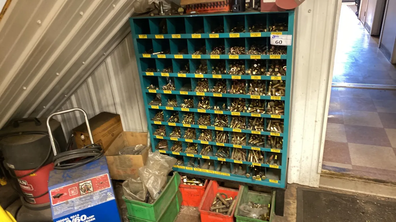 36" WIDE DISPLAY RACK WITH LARGE SELECTION OF GRADE 8 NUTS AND BOLTS. INC BINS ON FLOOR