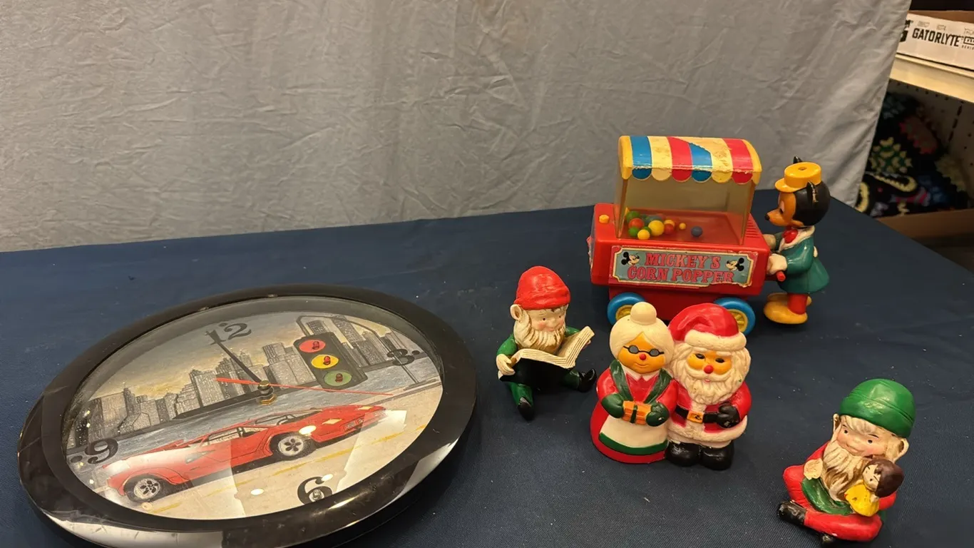 Clock, corn popper, figures