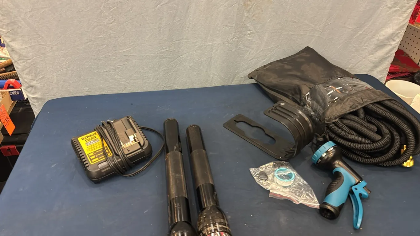 DeWalt charger, flashlights, hose and nozzle