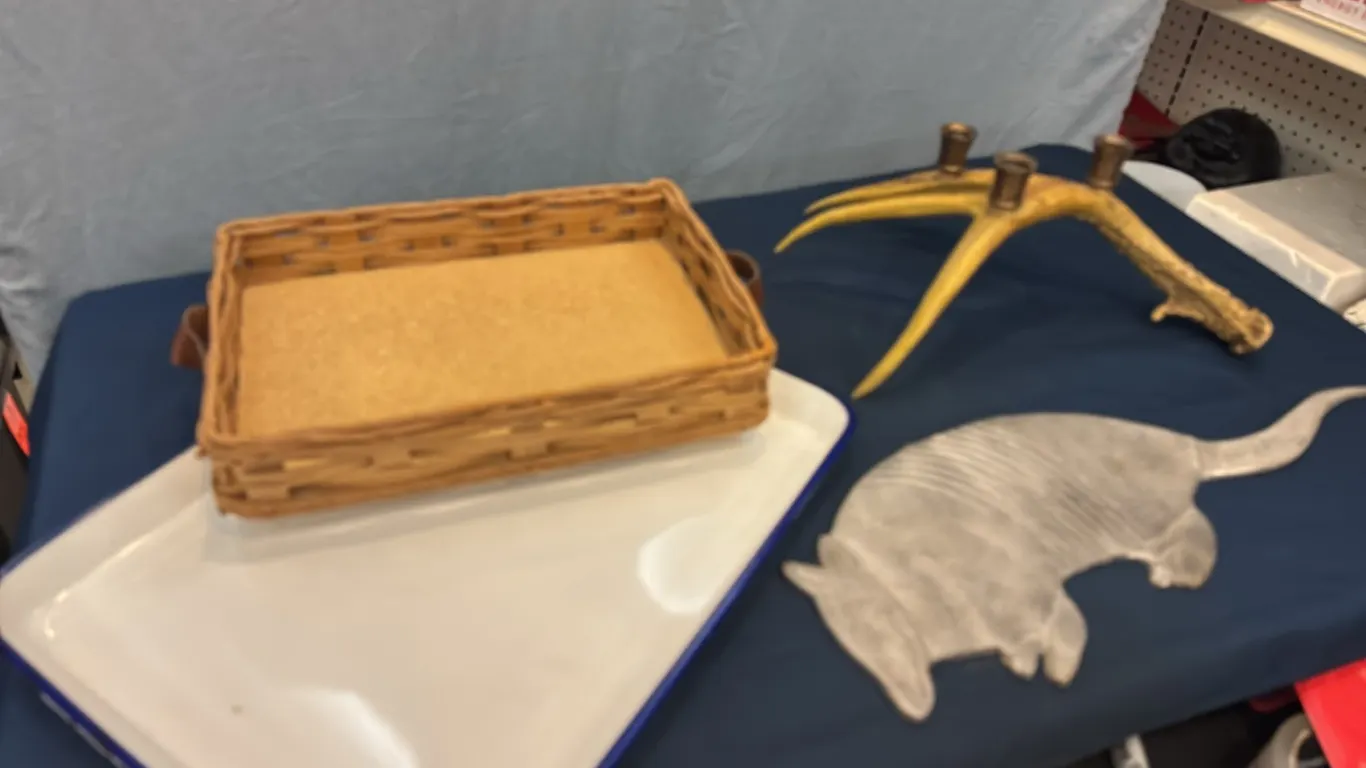 Enamel pan, antler candle holder, tray