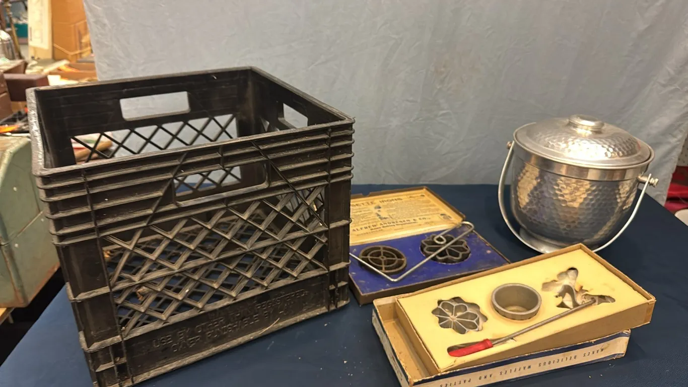 Milk crate, ice bucket, rosette irons