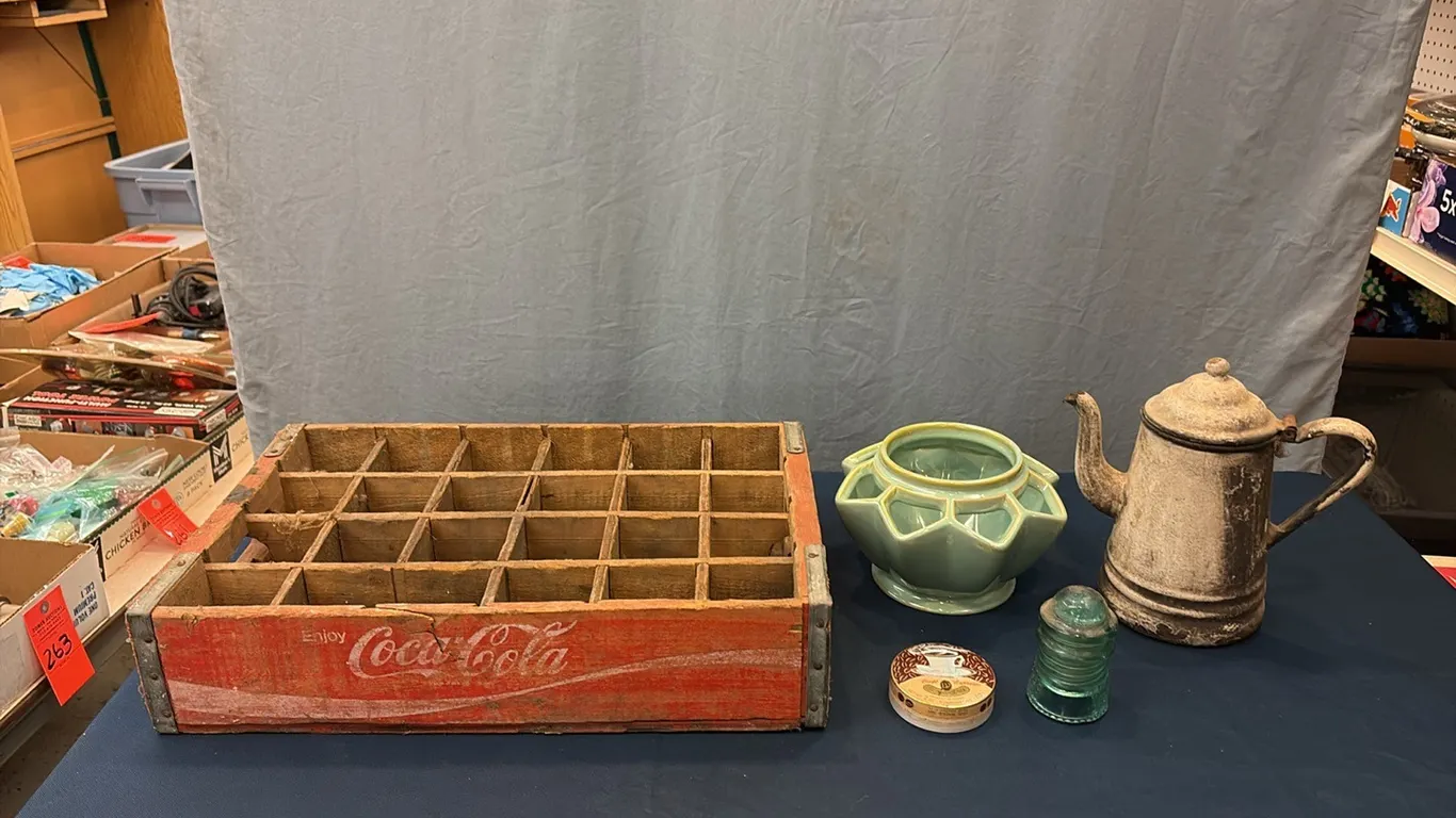 Coke Crate, Enamel Pot & Antiques