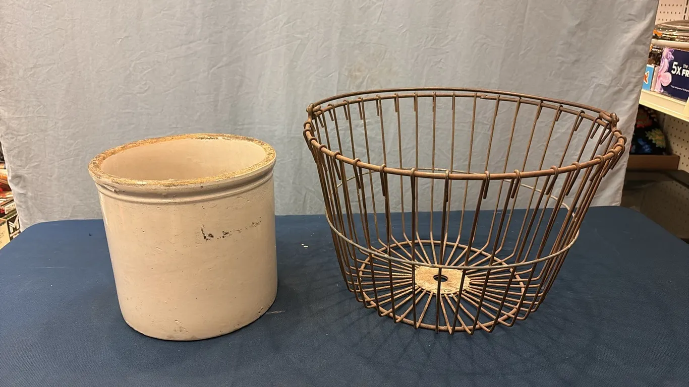 Wire Basket & Stoneware Crock