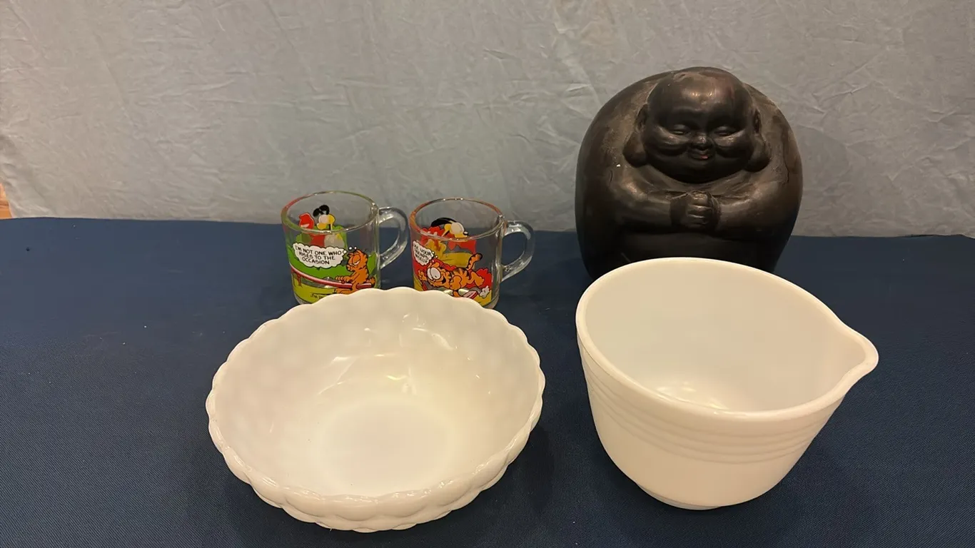 Buddha Statue, Bowls & Garfield Glasses