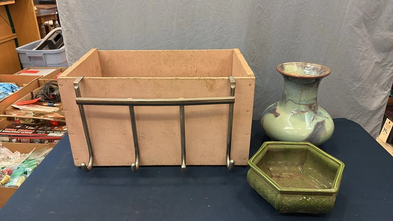 Wood Crate w/ Hooks, Vase & Planter