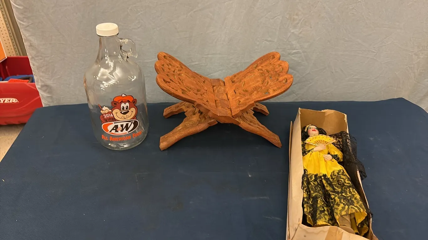 Wood Stand, A&W Bottle & Doll